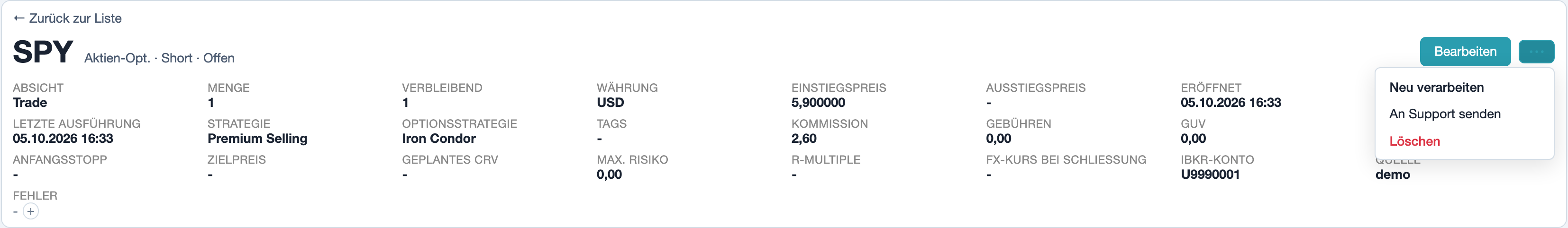 Trade-Seite: Menü mit Neu verarbeiten