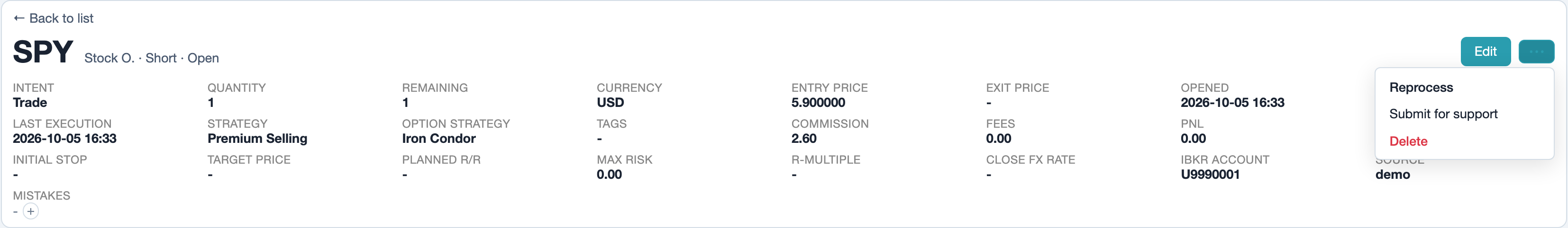 Trade page: menu with Reprocess