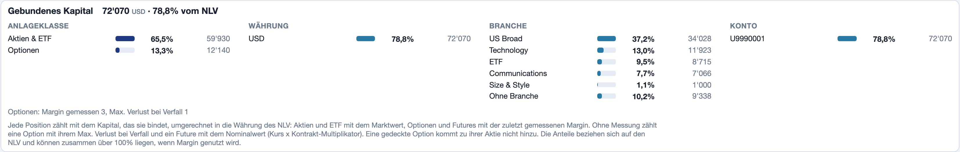 Portfolio, Tab Allokation: gebundenes Kapital nach Anlageklasse, Währung, Branche und Konto
