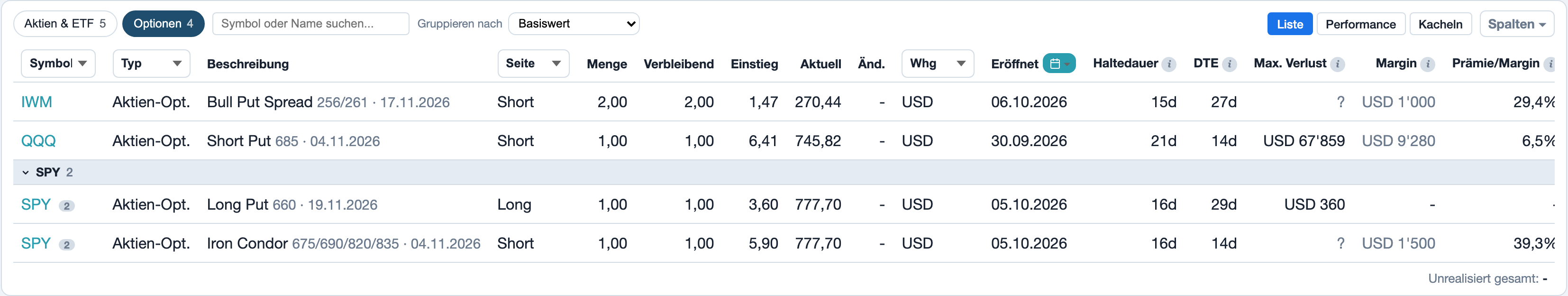Portfolio, Positionen mit dem Chip Optionen, gruppiert nach Basiswert