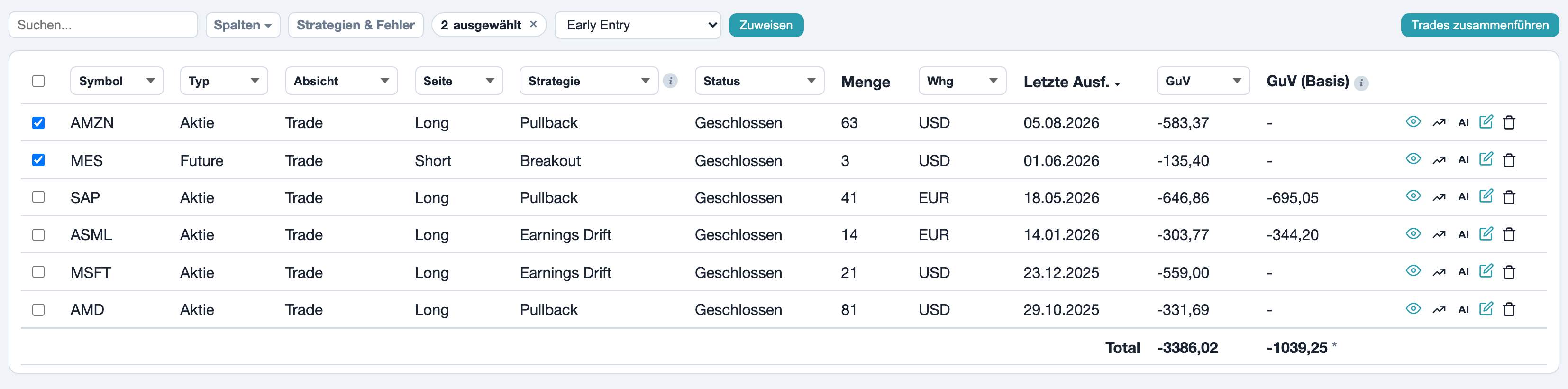 Journal-Liste mit zwei markierten Trades, der Leiste 2 ausgewählt, einem gewählten Fehler und Zuweisen