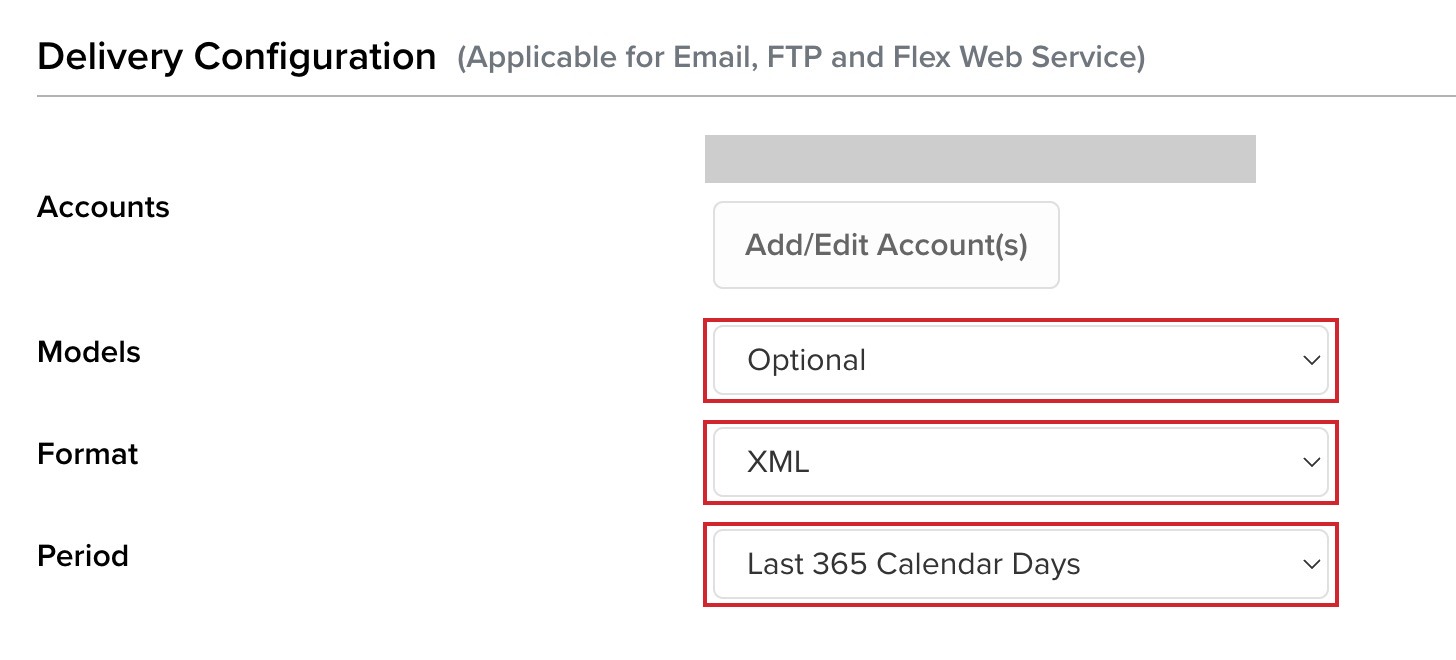 Delivery configuration: Models, Format XML, period 365 days