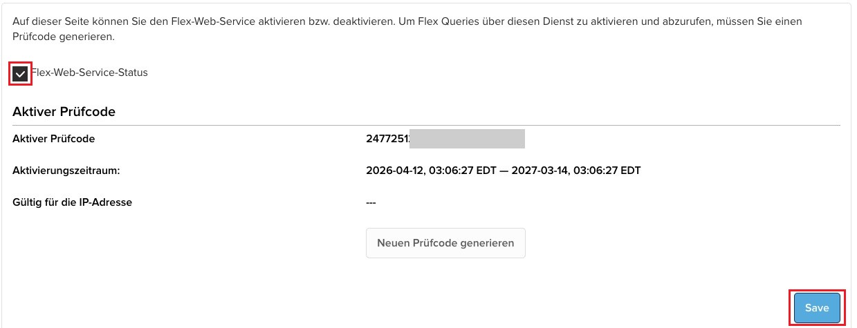 Flex-Web-Service-Status aktivieren, Aktiver Prüfcode wird angezeigt