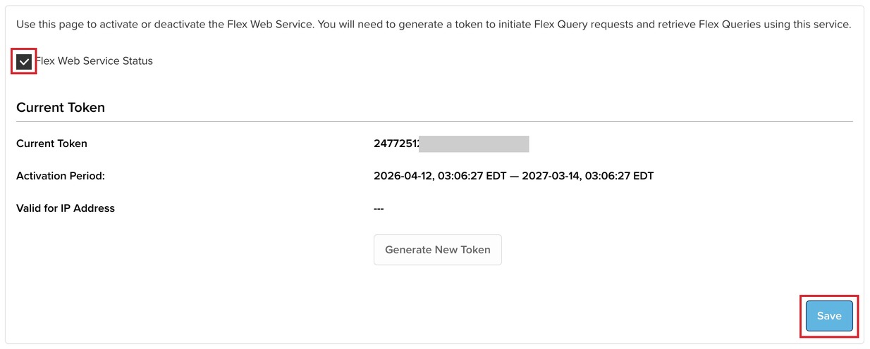 Enable Flex Web Service Status, token is shown