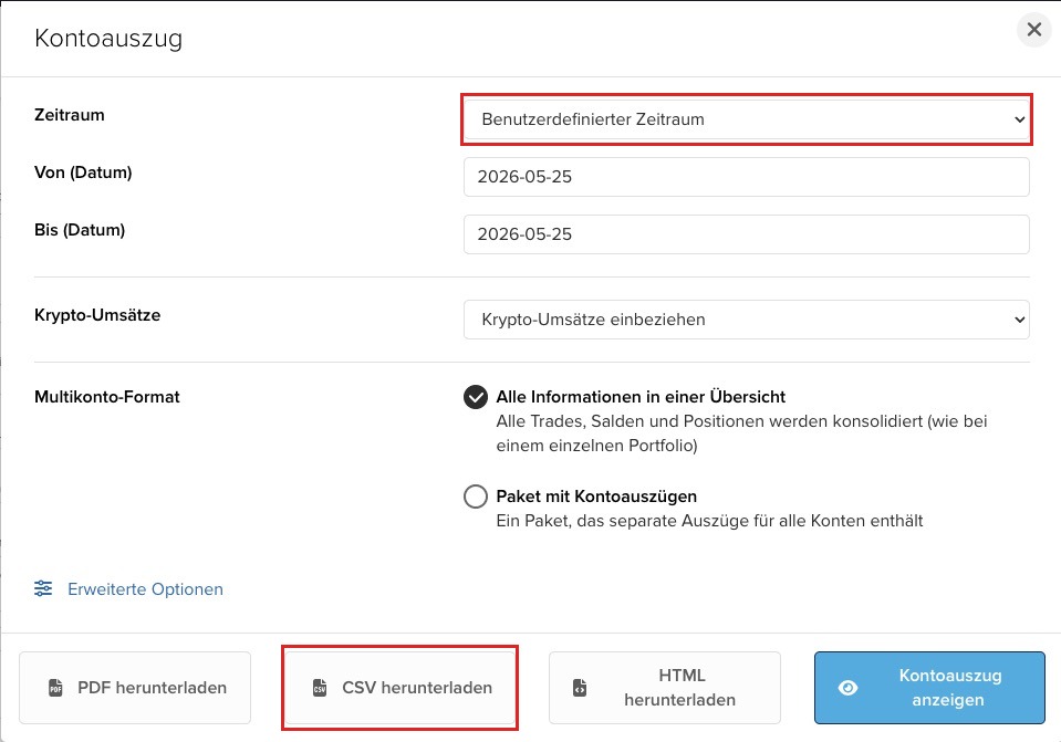 Benutzerdefinierter Zeitraum und CSV herunterladen