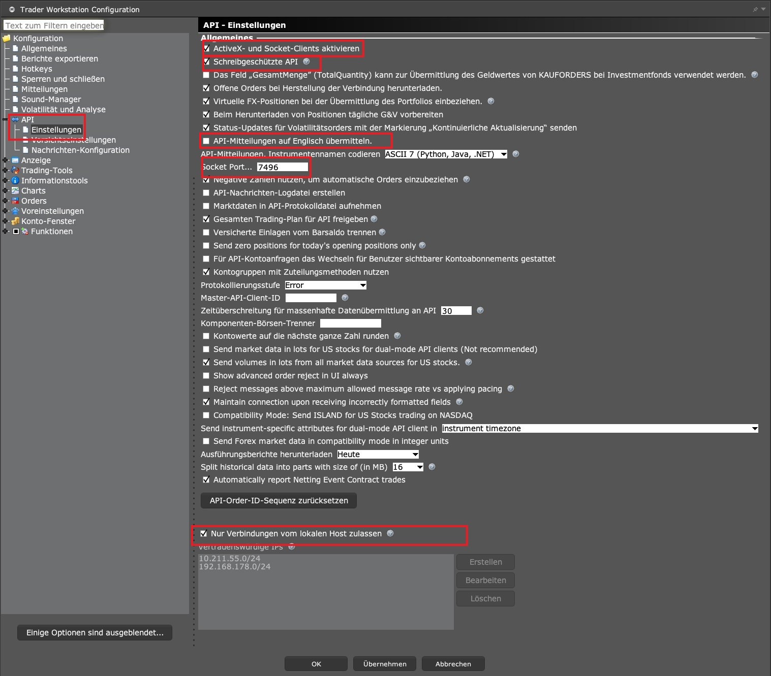 TWS API-Einstellungen: ActiveX and Socket Clients, Read-Only API, Socket-Port