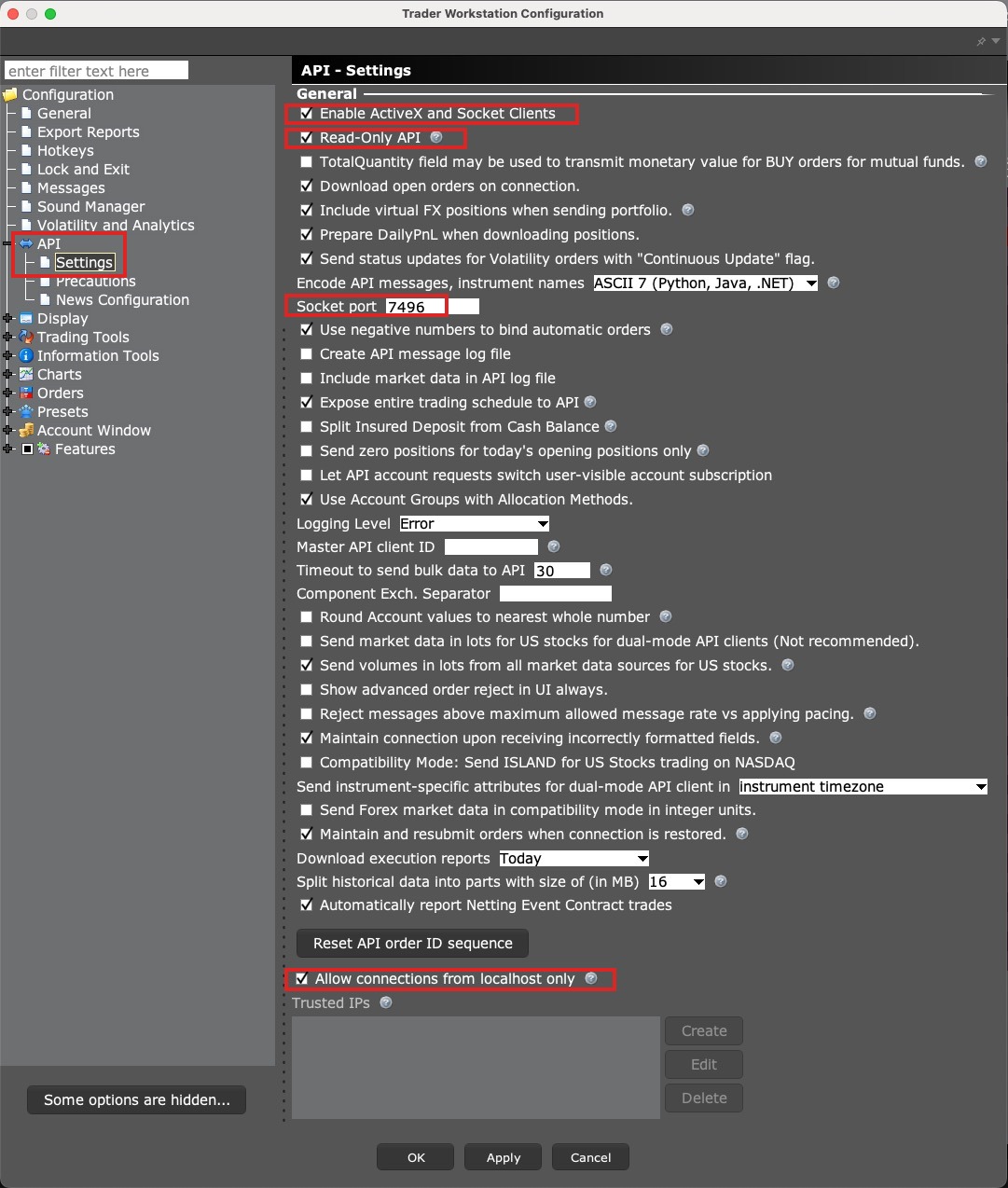 TWS API settings: ActiveX and Socket Clients, Read-Only API, socket port