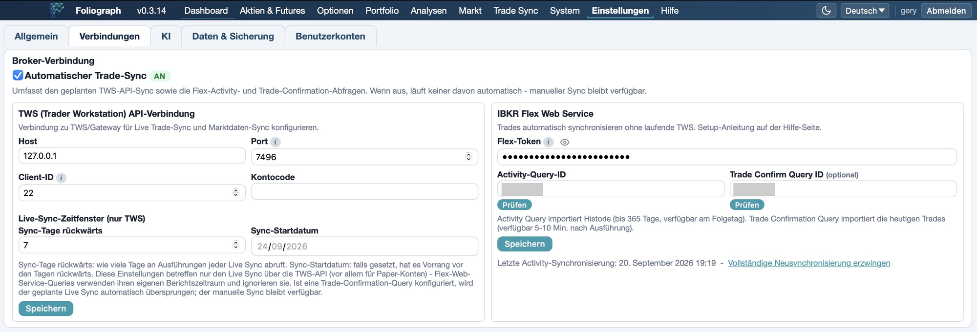 Foliograph Einstellungen, Verbindungen: TWS-API-Verbindung mit Host, Port und Client-ID