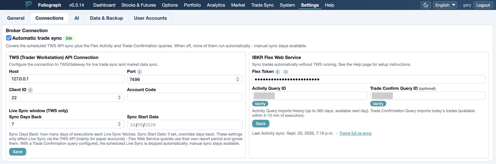 Foliograph Settings, Connections: TWS API connection with host, port and client ID